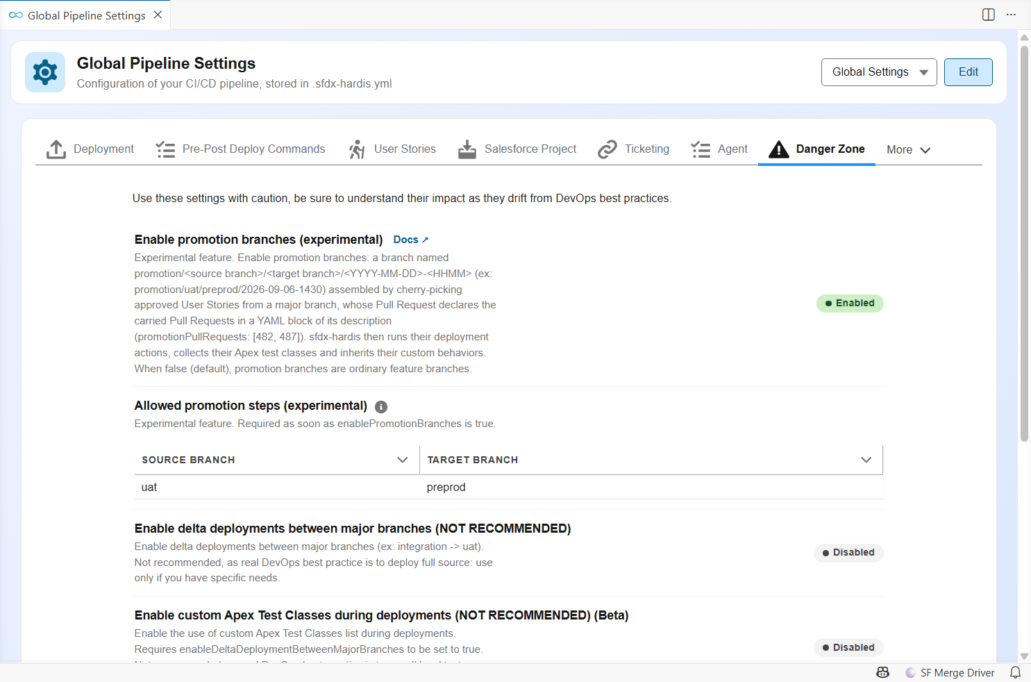Enable promotion branches and Allowed promotion steps in the Danger Zone of the Pipeline Settings