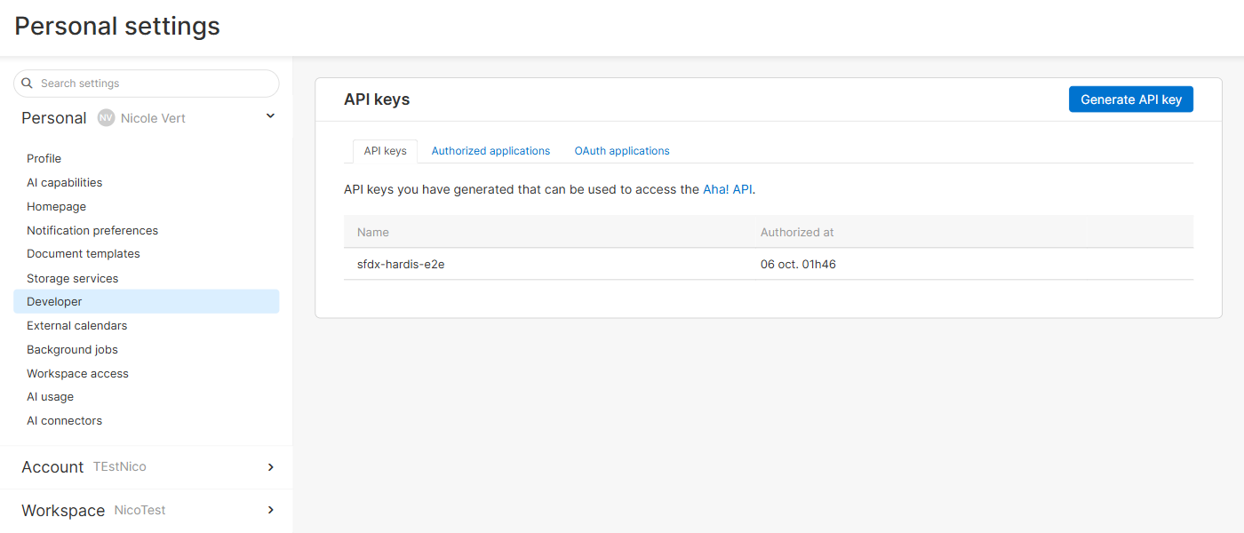 API keys page of the personal settings of Aha!