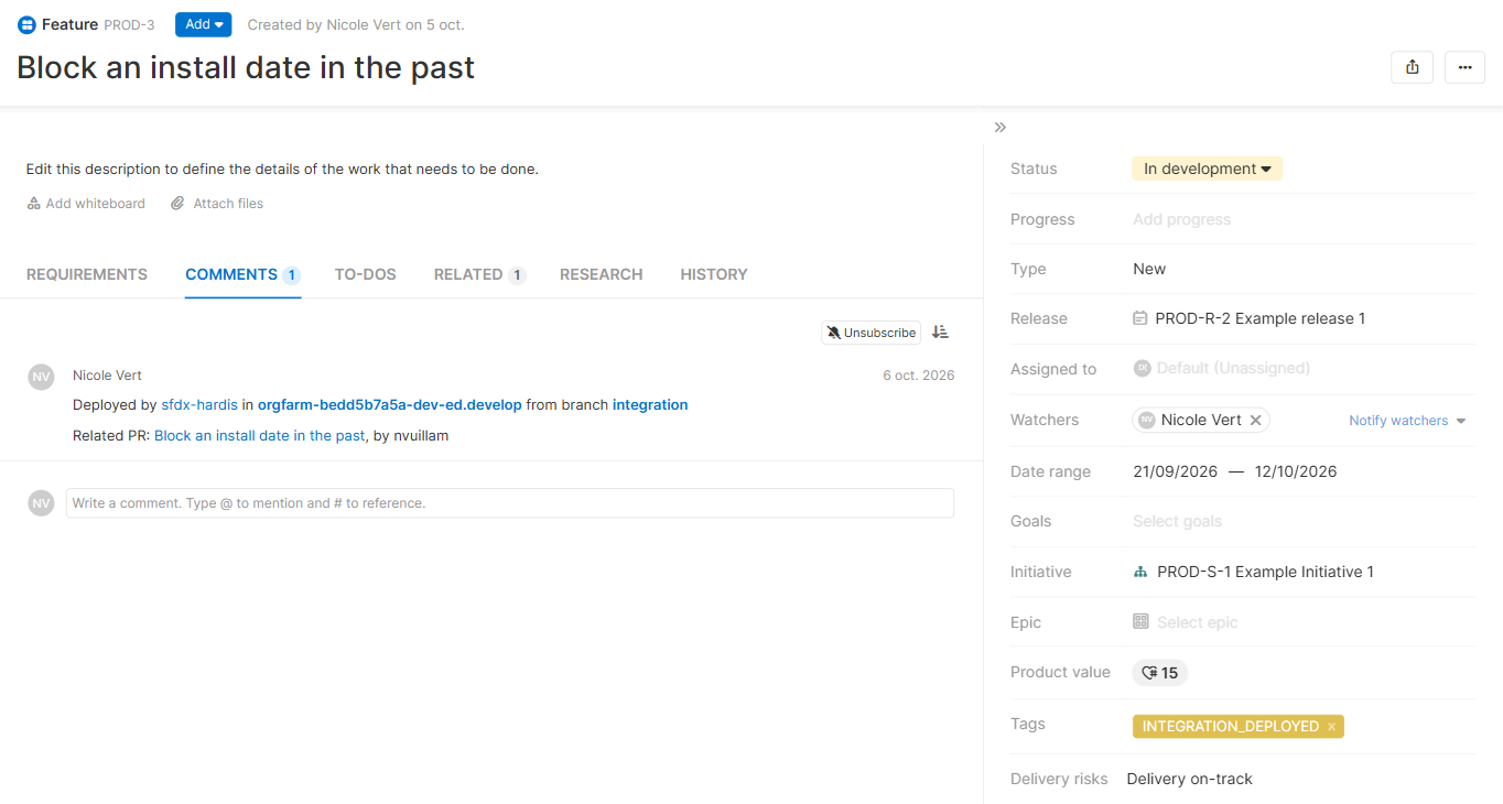 Comment and tag written by sfdx-hardis on an Aha! feature after a deployment