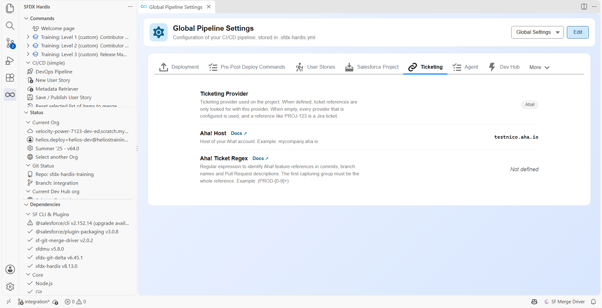 Ticketing tab of Pipeline Settings, with Aha! selected