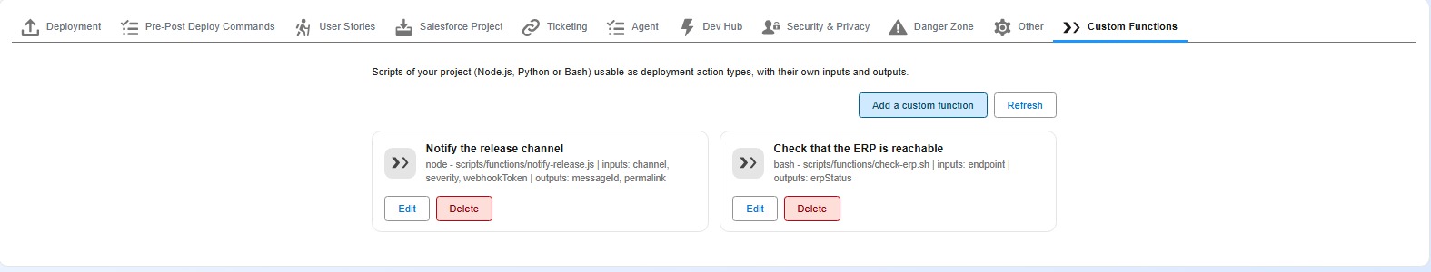 Custom Functions tab of Pipeline Settings