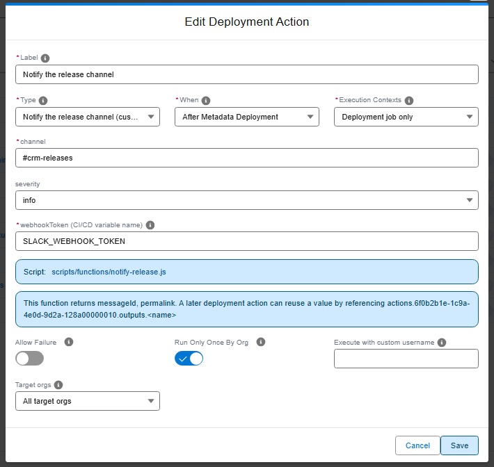Deployment action using a custom function